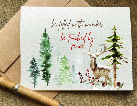 be filled with wonder be touched by peace pretty watercolor cabin deer scene Christmas card