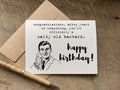 A novelty birthday card with a black-and-white illustration of a man giving a thumbs-up that reads: "congratulations. after years of seasoning, you’re officially a salty old bastard. happy birthday"