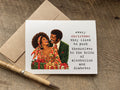 A funny christmas greeting card with a vintage-style illustration of a black couple and the text 'every christmas they liked to push themselves to the brink of alcoholism and diabetes'