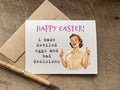 funny snarky Easter card with a retro woman giving a thumbs up and text 'Happy Easter! I made deviled eggs and bad decisions' 