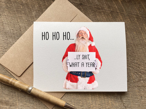 funny christmas card with santa claus holding a sign that says "ho ho holy shit what a year"
