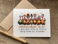 funny thanksgiving / friendsgiving card that says "i get pie with a little help from my friends" featuring funny turkeys holding wine glasses