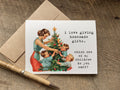 A funny christmas greeting card with a vintage-style illustration of a woman and three children decorating a Christmas tree,  The card reads, 'i love giving homemade gifts. which one of my children do you want'