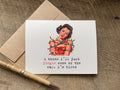 A funny christmas greeting card with a retro-style pin-up illustration of a woman wrapped in colorful Christmas lights, that says "i think i'll just jingle some of the way. i'm tired.