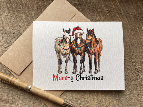 cute horse christmas card that says "mare-y christmas"
