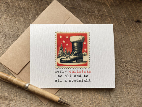 vintage style Christmas card with a boot design and 'merry christmas to all and to all a goodnight text