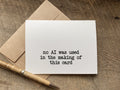 funny greeting or birthday card that says: no AI was used in the making of this card