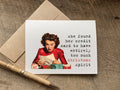 Card with vintage-style illustration of a woman and humorous text that says: she found her credit card to have entirely   too much christmas spirit