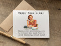  card with black typewriter-style text reading 'Happy Boss's Day thanks for pretending not to notice how much time i spend thinking about lunch" and a vintage illustration of a woman at a desk