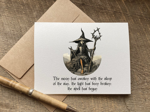 vintage witch graphic halloween card that says: The moon has awoken with the sleep of the sun, the light has been broken; the spell has begun