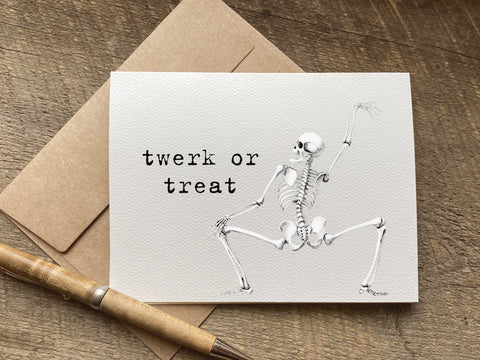 Halloween Greeting card with skeleton illustration and 'twerk or treat' text 
