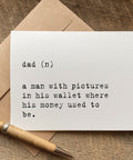 dad (noun) a min with pictures in his wallet where money used to be funny Father's Day card