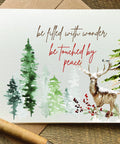 be filled with wonder be touched by peace pretty watercolor cabin deer scene Christmas card